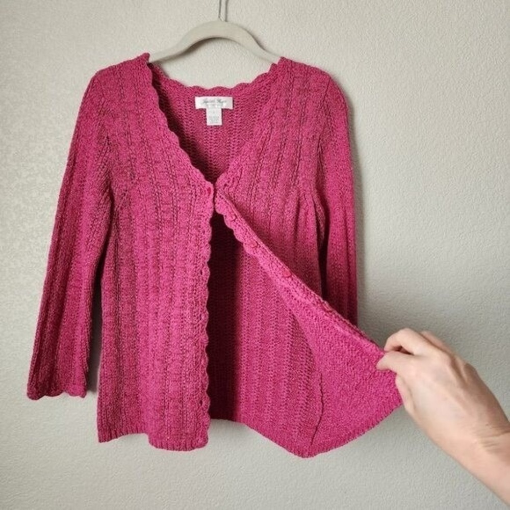 JUDITH HART VINTAGE 90s Pink Scallop Open Knit Button‎ Cardigan Sweater Size M - Picture 6 of 11